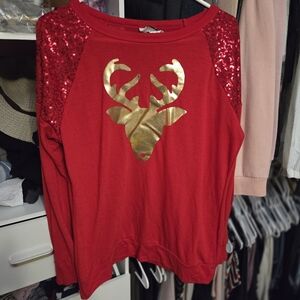 Girls' Red Sequin-Sleeve Holiday Top with Gold Reindeer